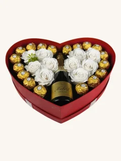 Srdiečkový darčekový box s mydlovými ružami, sektom a pralinkami, Ferrero Rocher, Hubert de Luxe