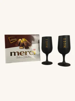 Darčekový box Moët: čokoláda Merci a 2 sklenené decentné poháre Moët