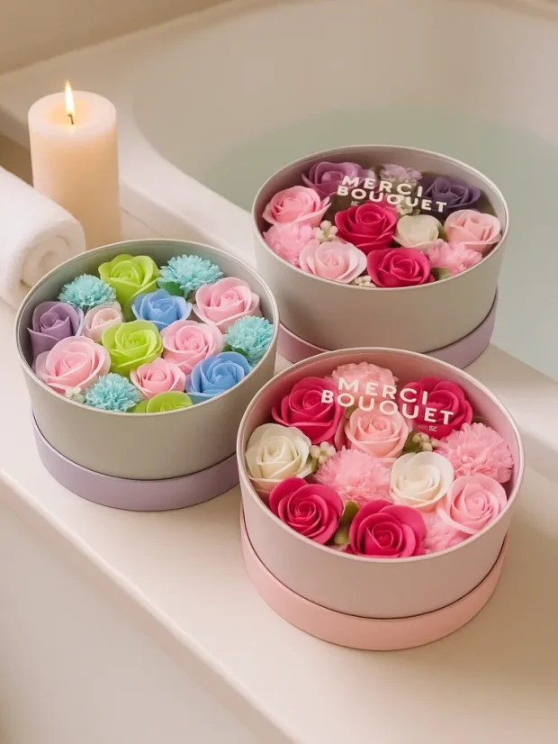 Mydlové kvety - okrúhly darčekový box, biela ivory