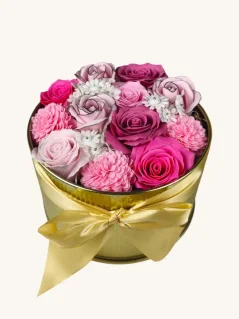 Ružová vášeň - mydlové kytice v darčekovom boxe, plechová dóza ø17x10cm, uzatvárateľná vekom