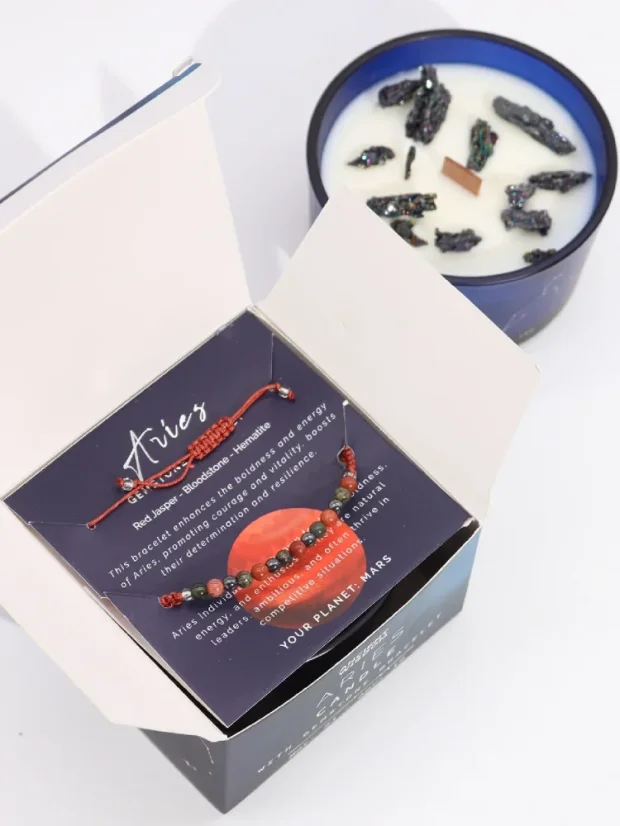 Baran - krištáľová sviečka s náramkom z drahokamov, 320g