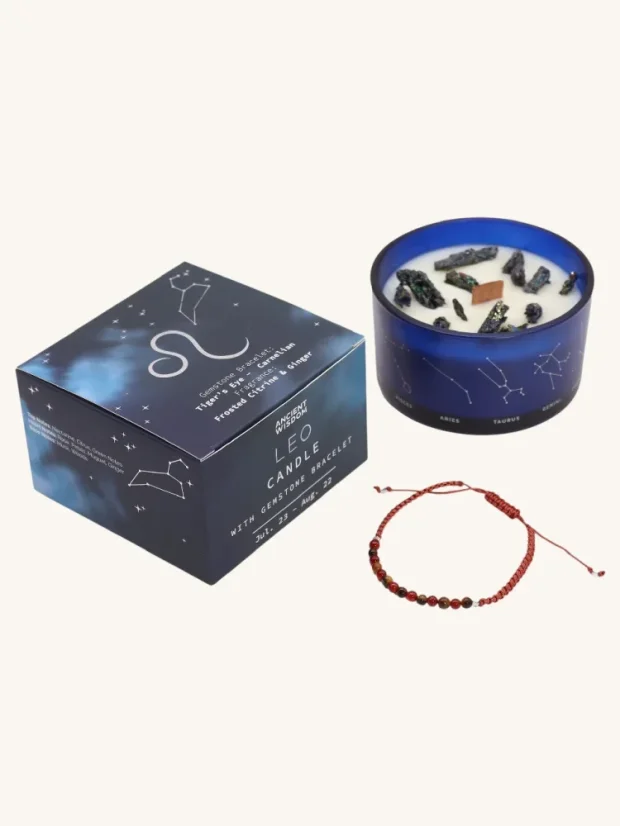 Lev - krištáľová sviečka s náramkom z drahokamov, 320g