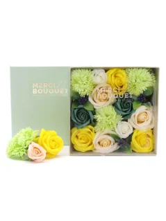 Mydlové kvety - štvorcový darčekový box, žltá a zelená