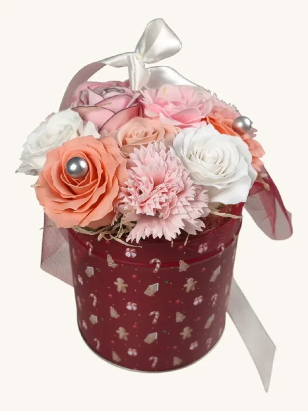 Mydlové kytice vo vianočnom boxe, ø12x17cm, červený box