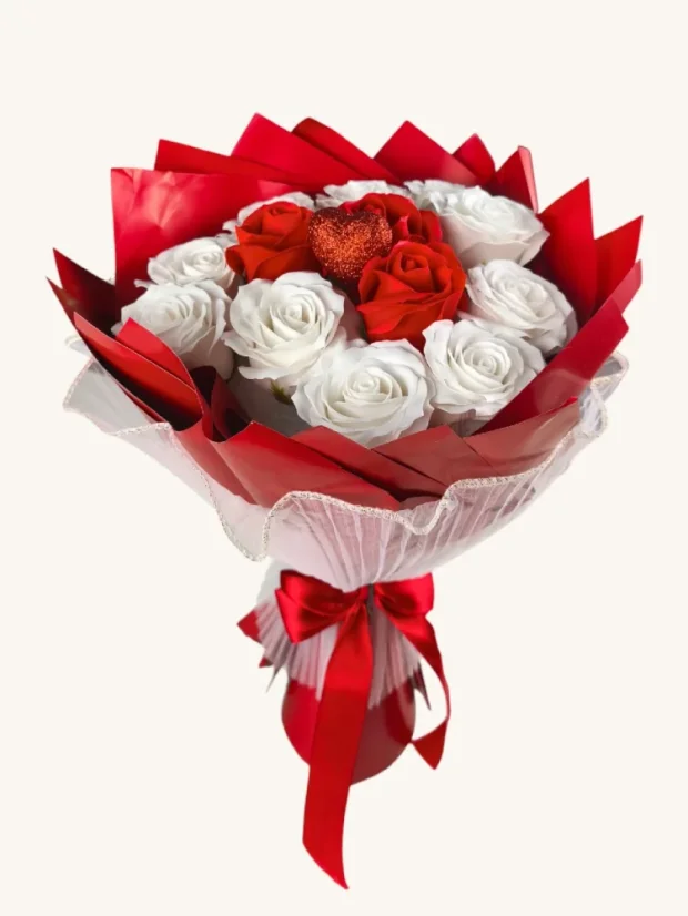 Luxusná mydlová kytica, elegantný dekór, bielo-červené farby