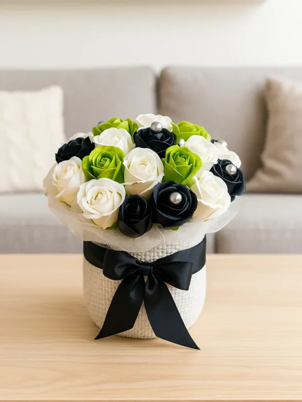 Darčekový set mydlových ruží, biely košík s čiernou stuhou