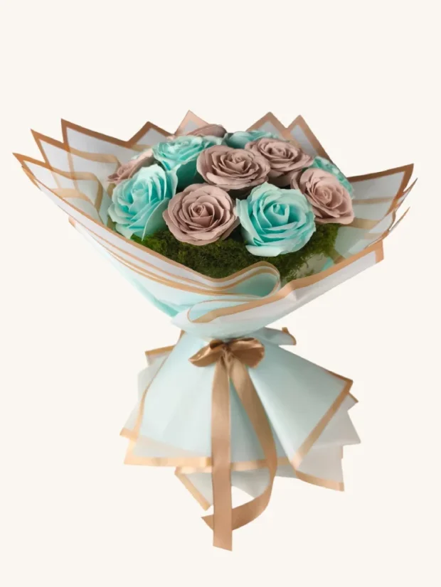 Elegantná mydlová kytica, trvácne mydlové ruže, modro-béžové farby