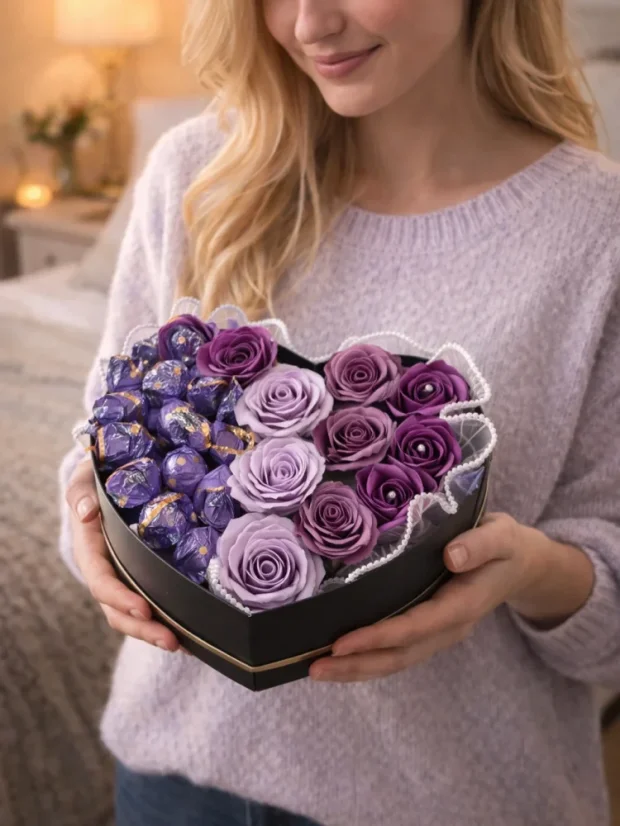 Darčekový box kombinovaný s mydlovými ružami a pralinkami, srdiečkový box, fialová kombinácia