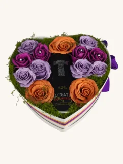 Darčekový box kombinovaný s mydlovými ružami a sektom, srdiečkový box, fialová kombinácia