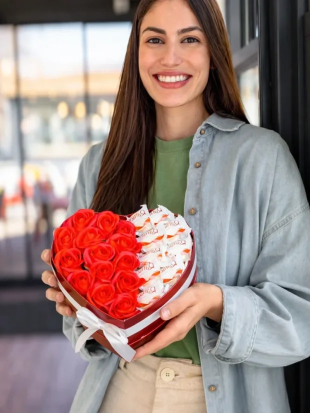 Dárkový box ve tvaru srdce, kombinovaný s mýdlovými růžemi a pralinkami