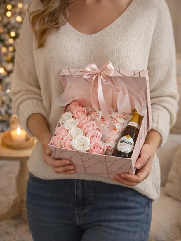 Darčekový box kombinovaný s mydlovými ružami, pralinkami a sektom, obdĺžnikový box, bielo-ružová kombinácia