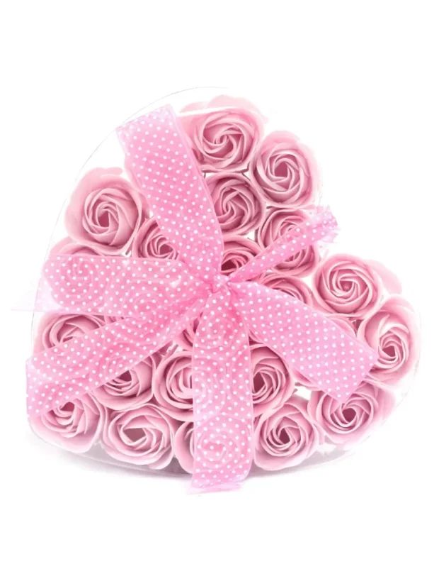 Darčeková sada mydlových kvetov, 24x ruža, tvar srdca, ružová