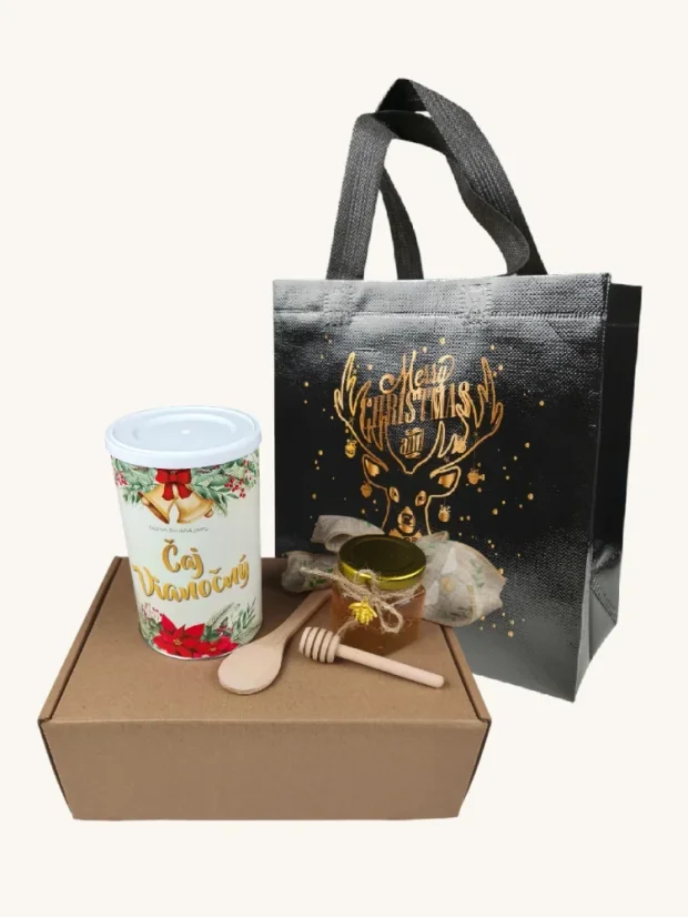 Vianočný box: sypaný čaj + med + lyžička a naberačka na med + darčeková taška - P00181: 1 box