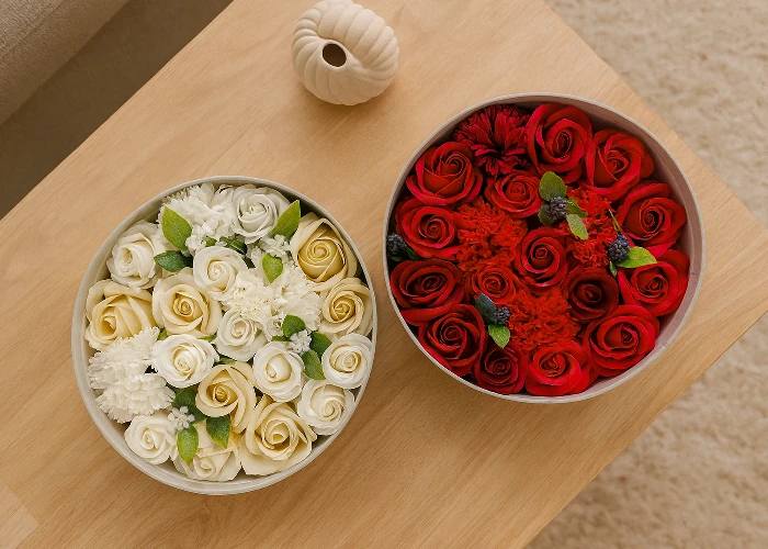 Mydlové kytice v gulatom boxe