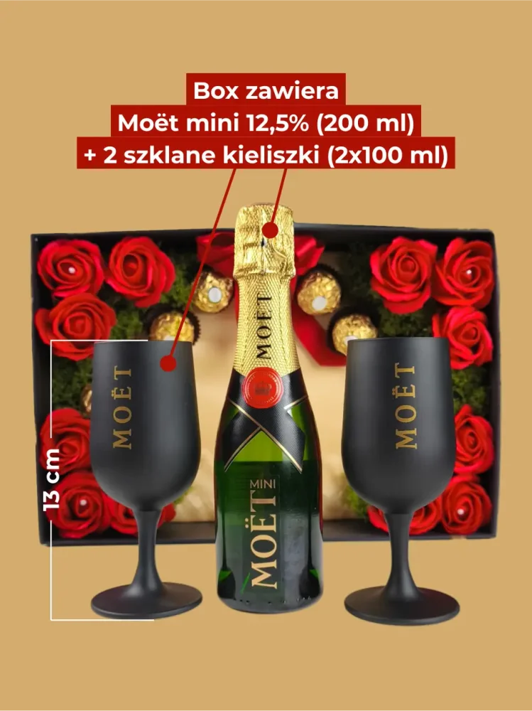 Zestaw prezentowy Moët - butelka + unikatowe kieliszki, z mydlanymi różami i pralinami, w czerwono-złotej kolorystyce