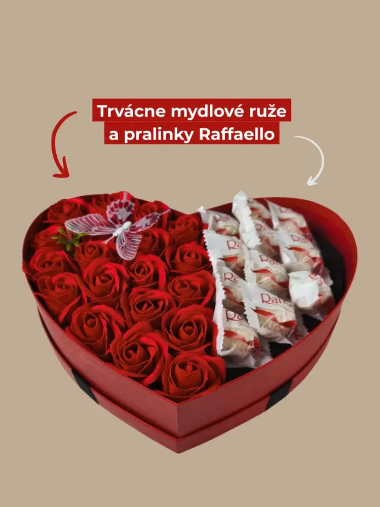 Srdiečkový darčekový box s mydlovými ružami a čokoládovými pralinkami Raffaello