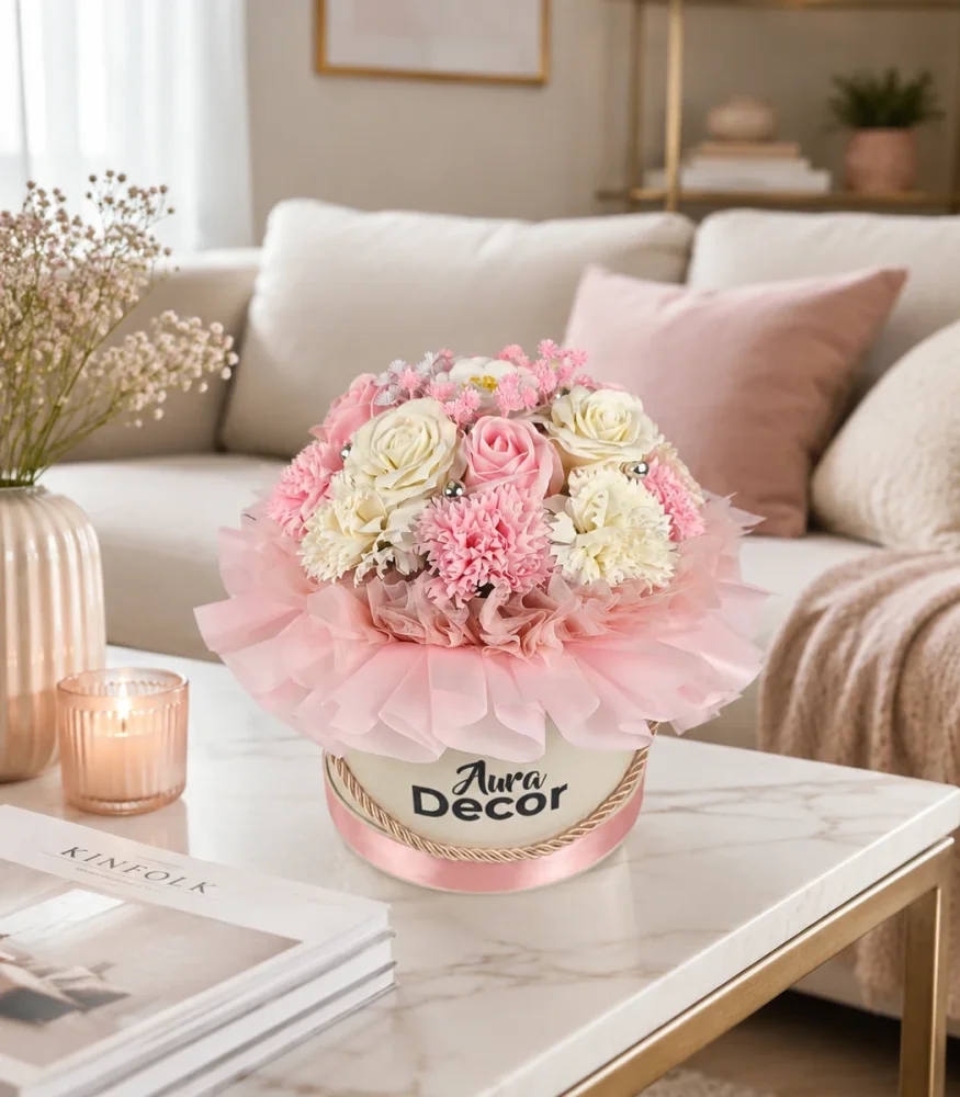Ružový flower box Aura Decor No. 17 s mydlovými ružami a dekoratívnymi kvetmi