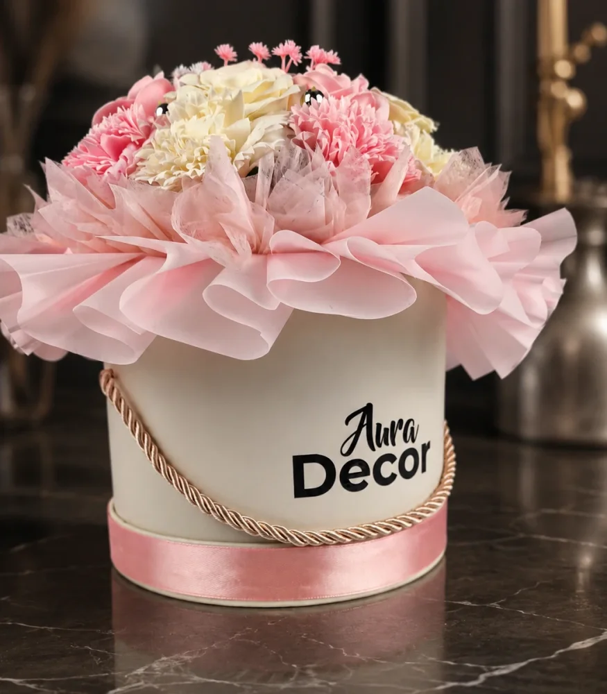 Detail loga Aura Decor na ružovom flower boxe s mydlovými ružami