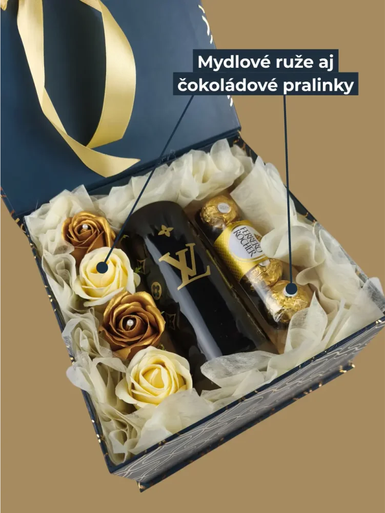 Darčekový box Louis Vuitton, sklenená váza, mydlové zlaté ruže, čokoládové pralinky