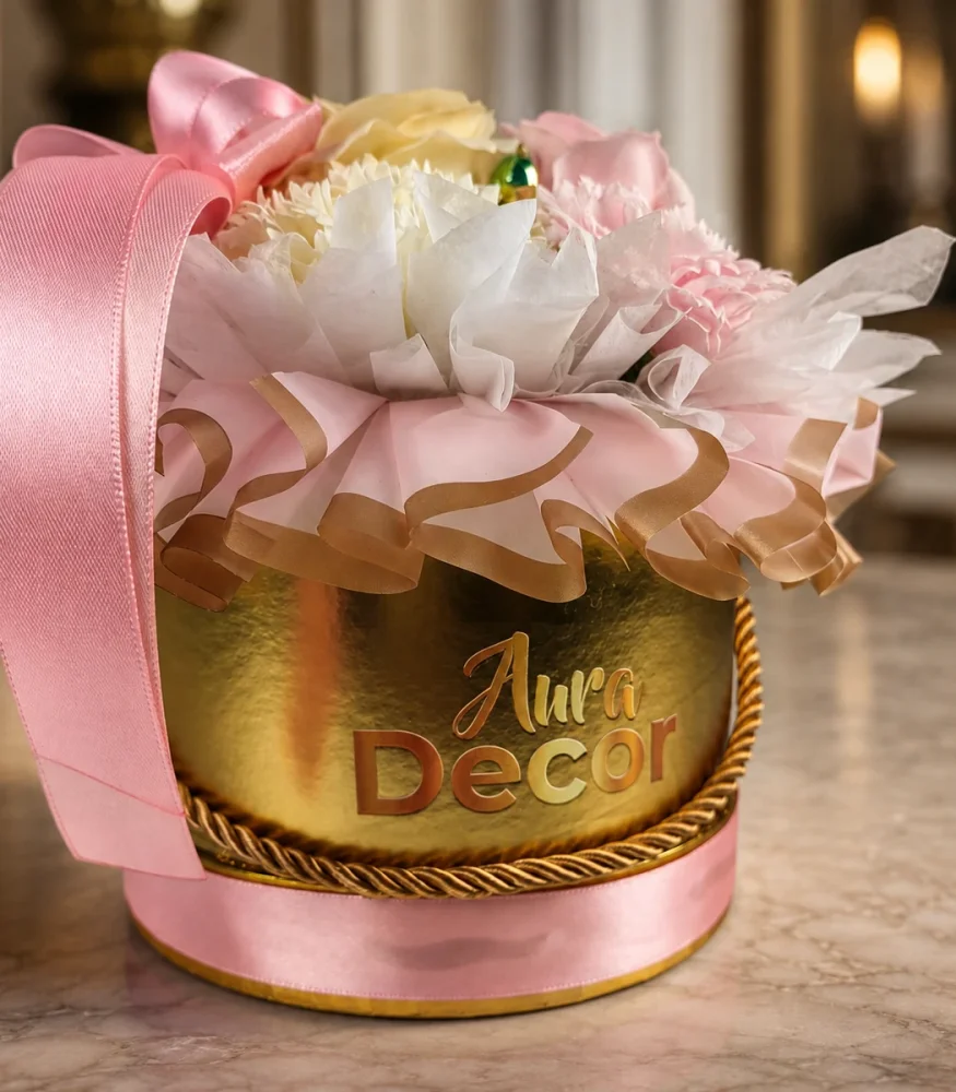 Detail zlatého loga Aura Decor na ružovom flower boxe No. 15