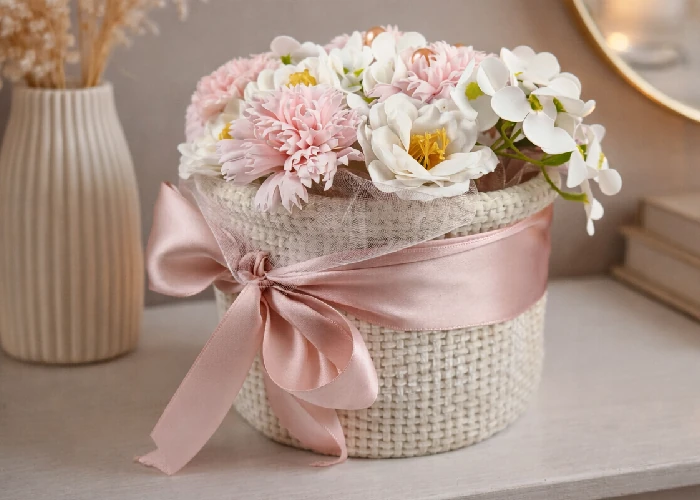 Mydlová kytica v košíku, dekorácia