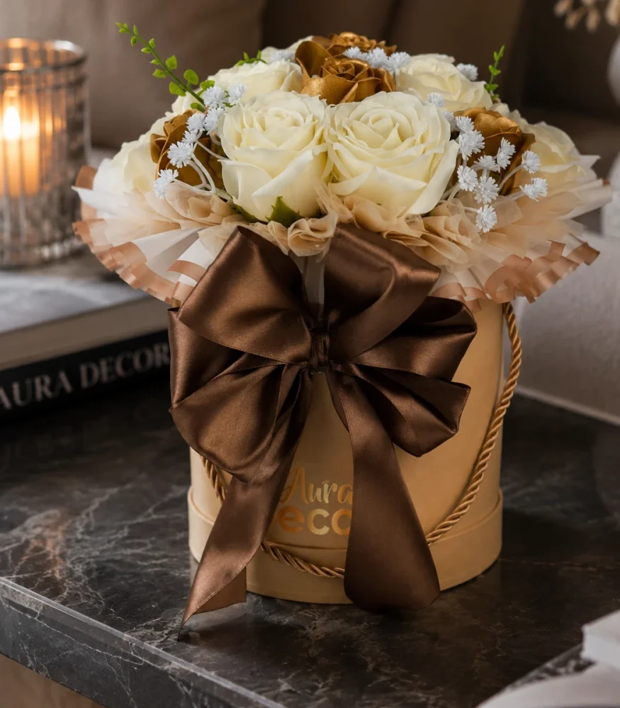 Detail loga Aura Decor na veľkom krémovom flower boxe s mydlovými ružami