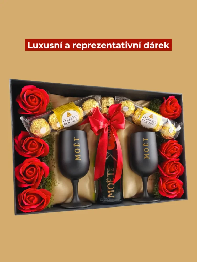 Dárkový box Moët, láhev + unikátní sklenice, s mýdlovými růžemi a pralinkami, červeno-zlatá kombinace