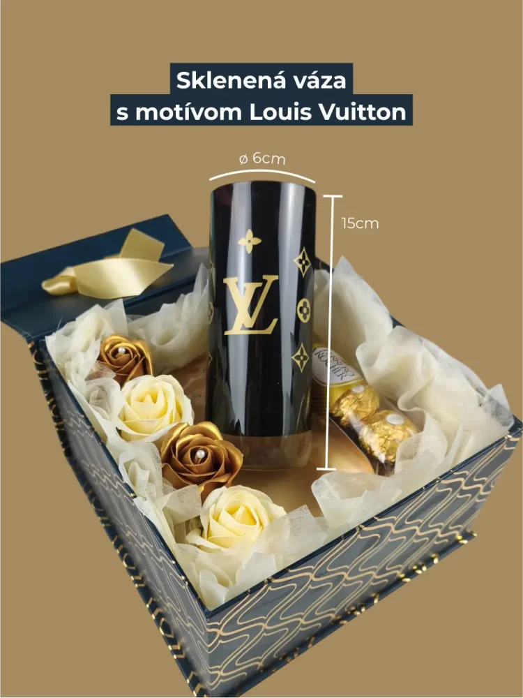 Darčekový box Louis Vuitton, sklenená váza, mydlové zlaté ruže, čokoládové pralinky