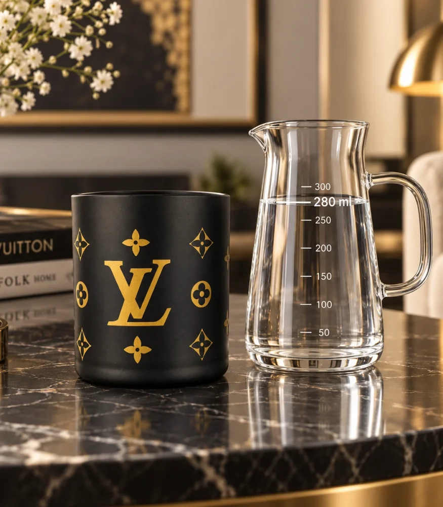 Černá matná sklenice se zlatým LV designem vedle džbánu s vyznačeným objemem 280 ml