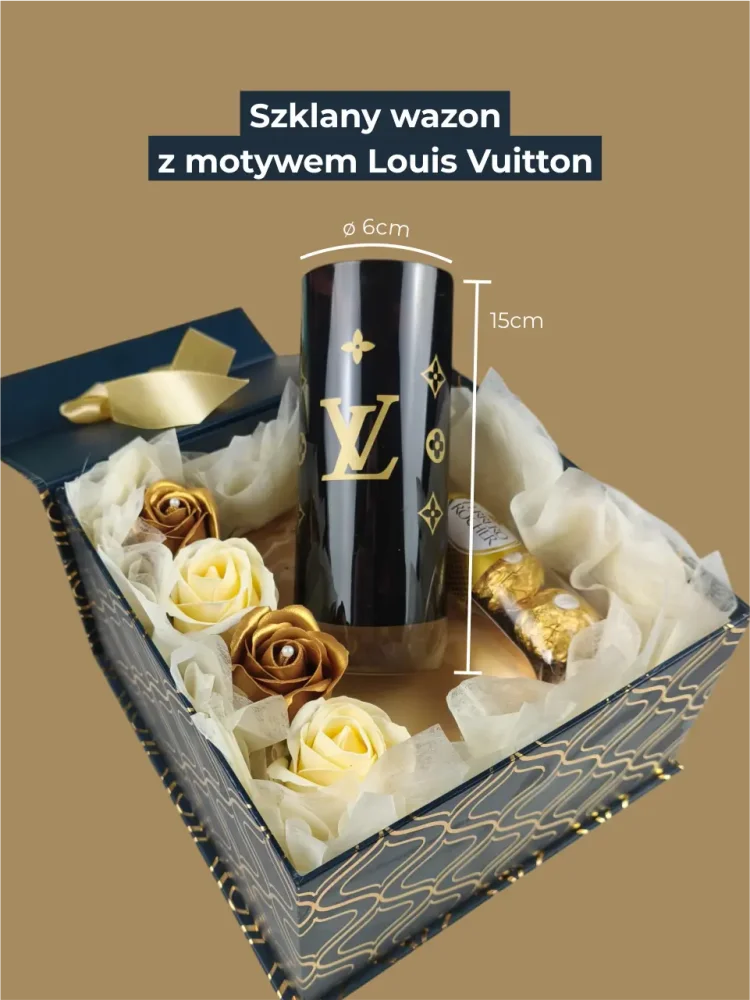 Zestaw prezentowy Louis Vuitton, szklany wazon, mydlane złote róże, czekoladowe praliny