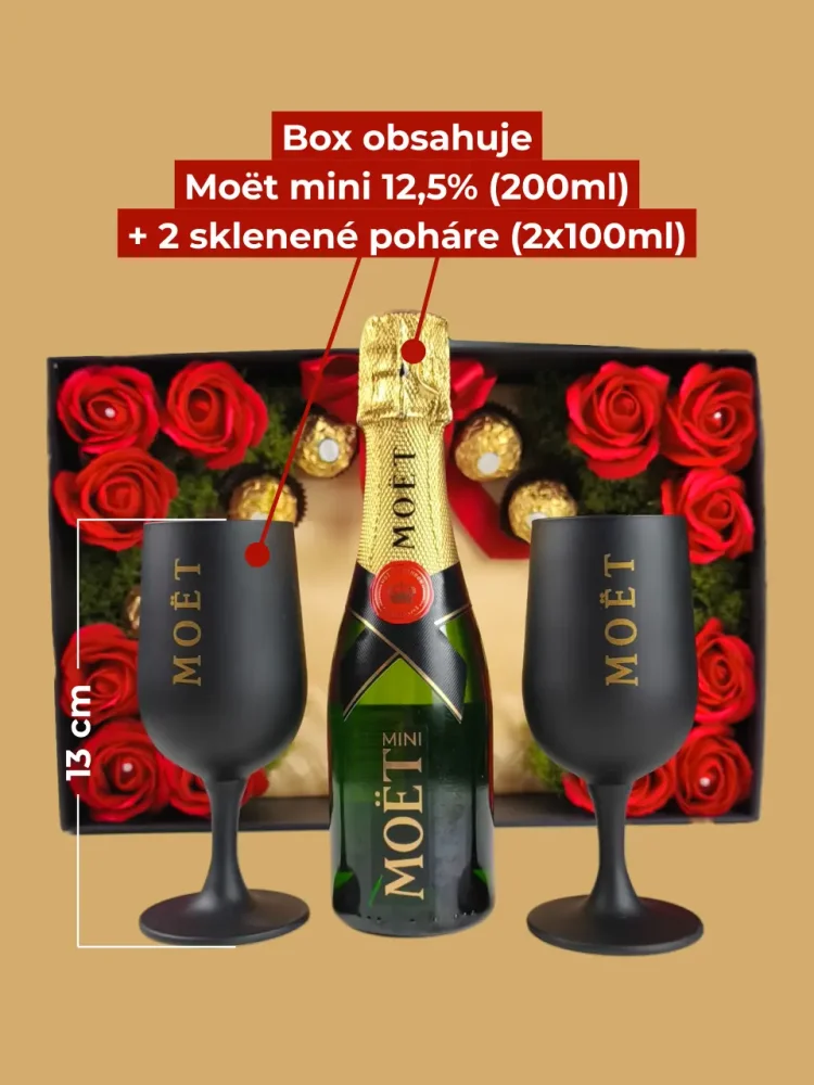 Darčekový box Moët, fľaša + unikátne poháre, s mydlovými ružami a pralinkami, červeno-zlatá kombinácia