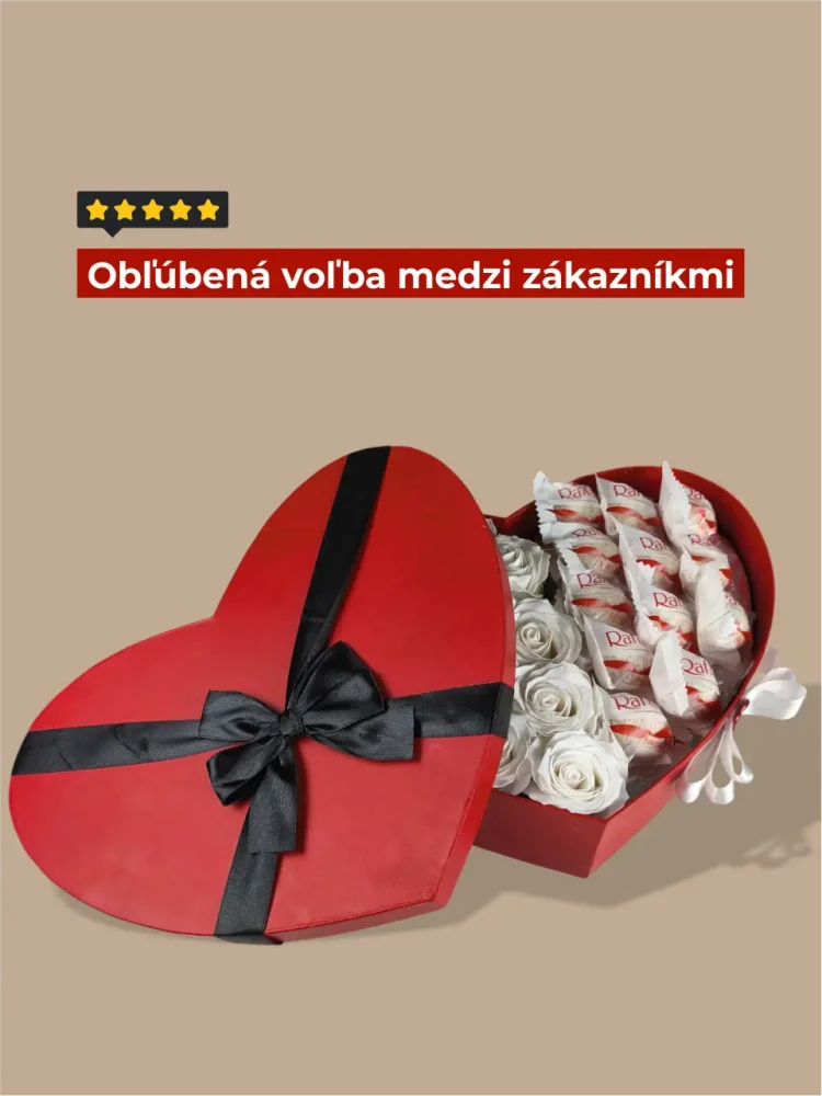 Srdiečkový darčekový box s mydlovými ružami a čokoládovými pralinkami Raffaello