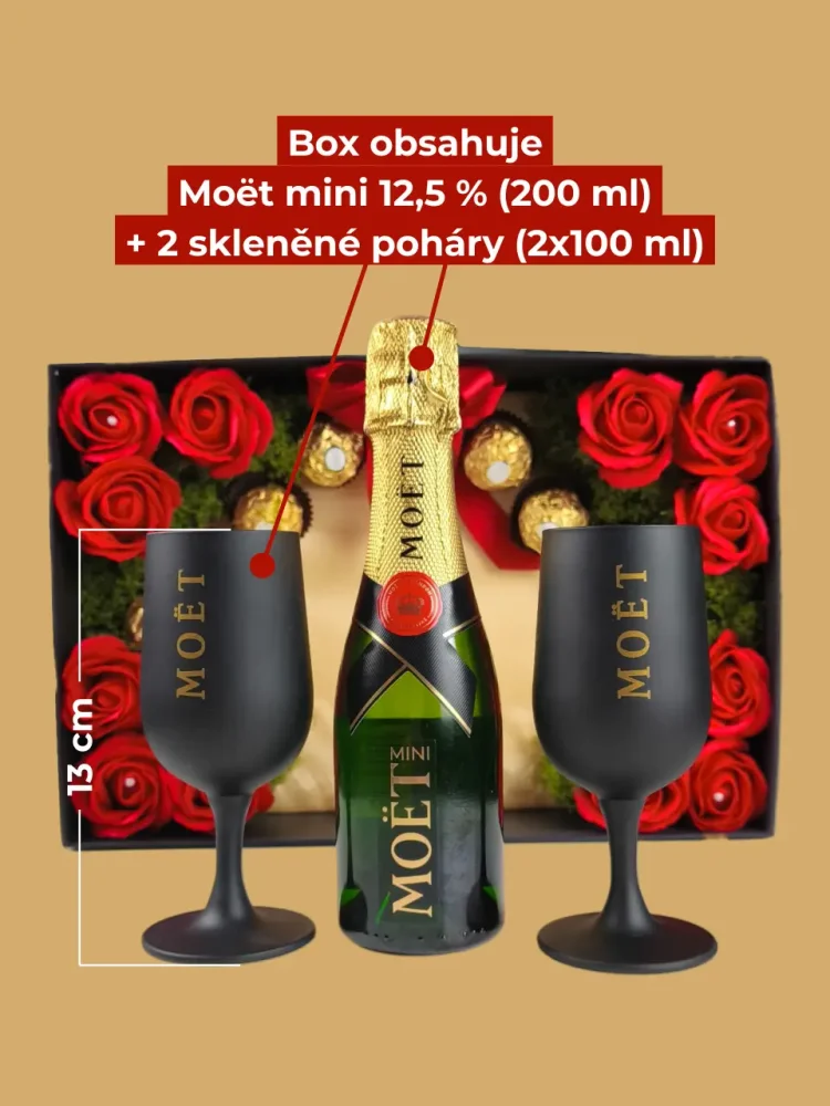 Dárkový box Moët, láhev + unikátní sklenice, s mýdlovými růžemi a pralinkami, červeno-zlatá kombinace