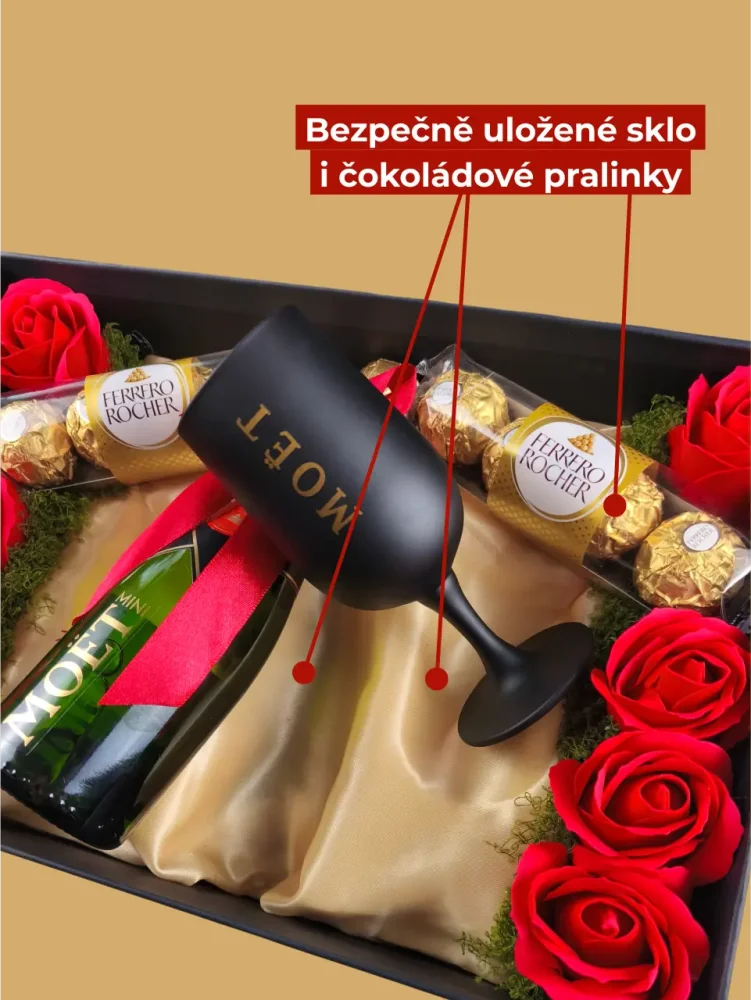 Dárkový box Moët, láhev + unikátní sklenice, s mýdlovými růžemi a pralinkami, červeno-zlatá kombinace