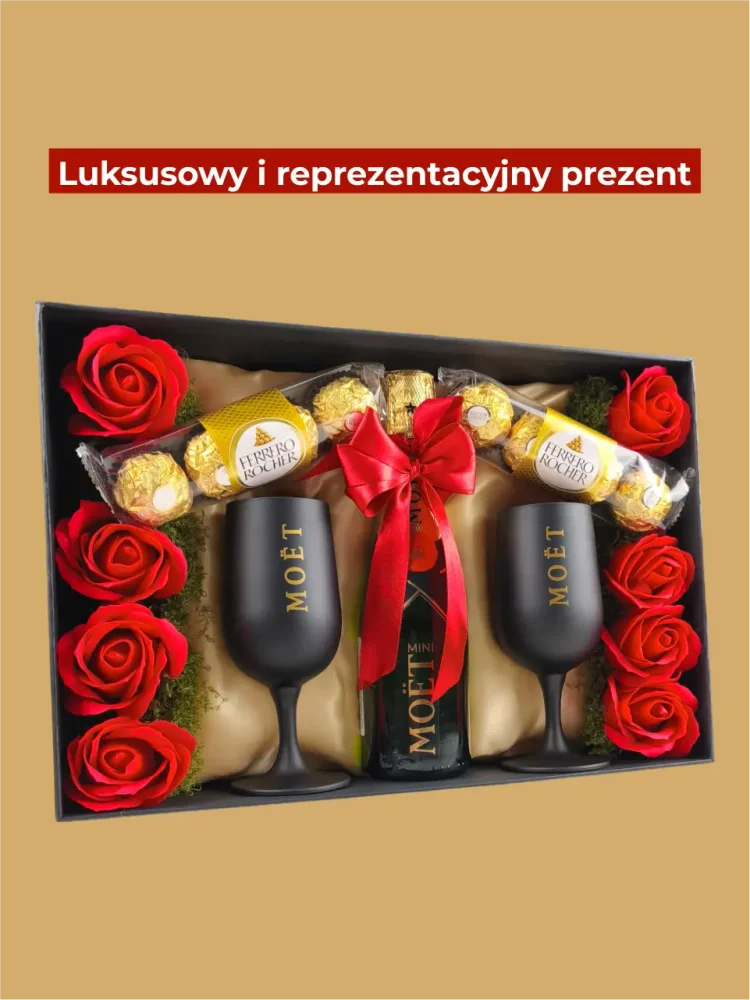 Zestaw prezentowy Moët - butelka + unikatowe kieliszki, z mydlanymi różami i pralinami, w czerwono-złotej kolorystyce