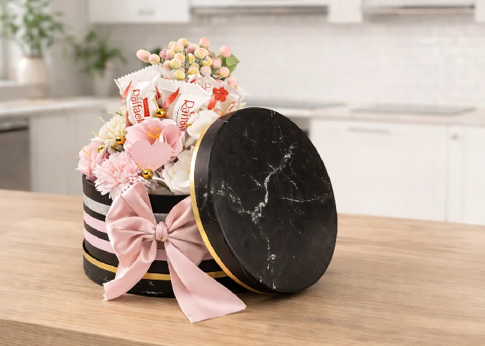 Okrúhly darčekový box s mydlovými kvetmi, detail