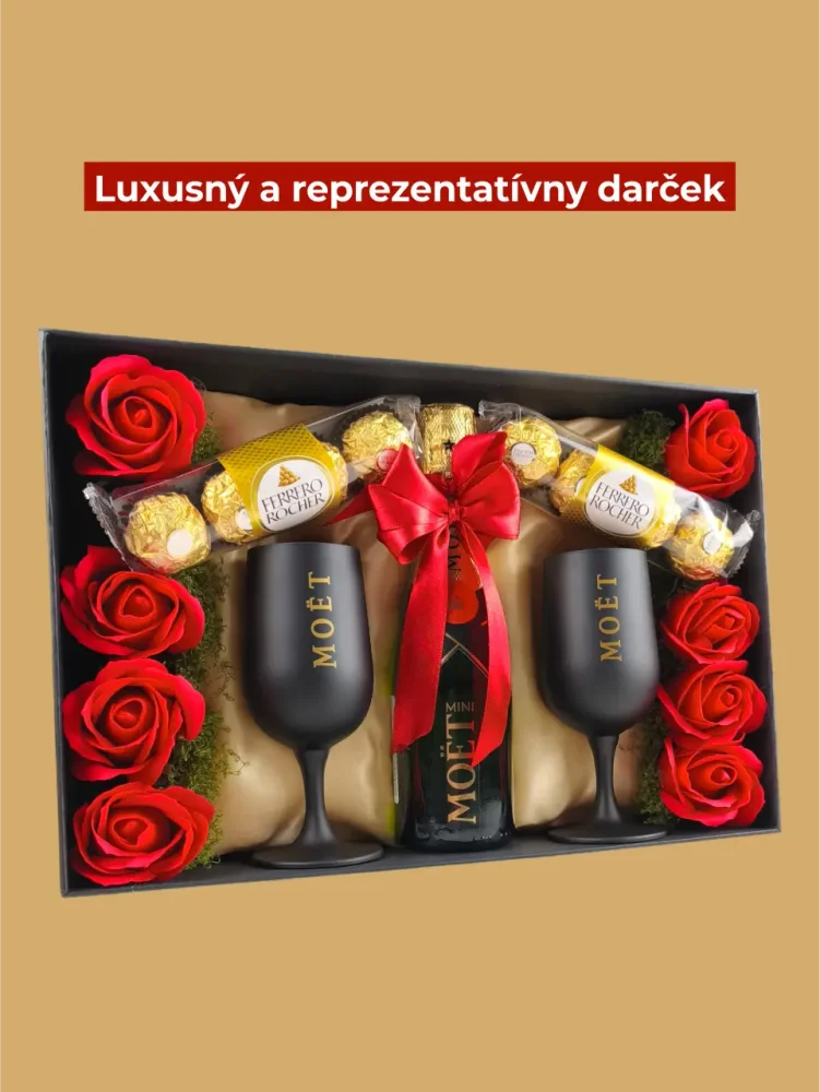 Darčekový box Moët, fľaša + unikátne poháre, s mydlovými ružami a pralinkami, červeno-zlatá kombinácia