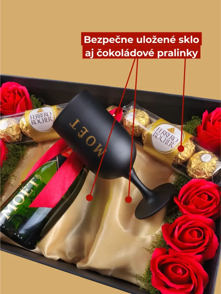 Darčekový box Moët, fľaša + unikátne poháre, s mydlovými ružami a pralinkami, červeno-zlatá kombinácia