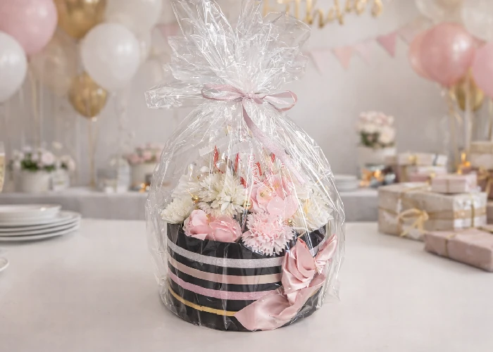 Okrúhly darčekový box s mydlovými kvetmi, oslava